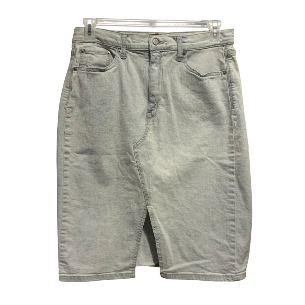 Banana Republic Denim Knee Lengh Skirt Sz 10 Cotton Lt Wash Front Vent Preppy